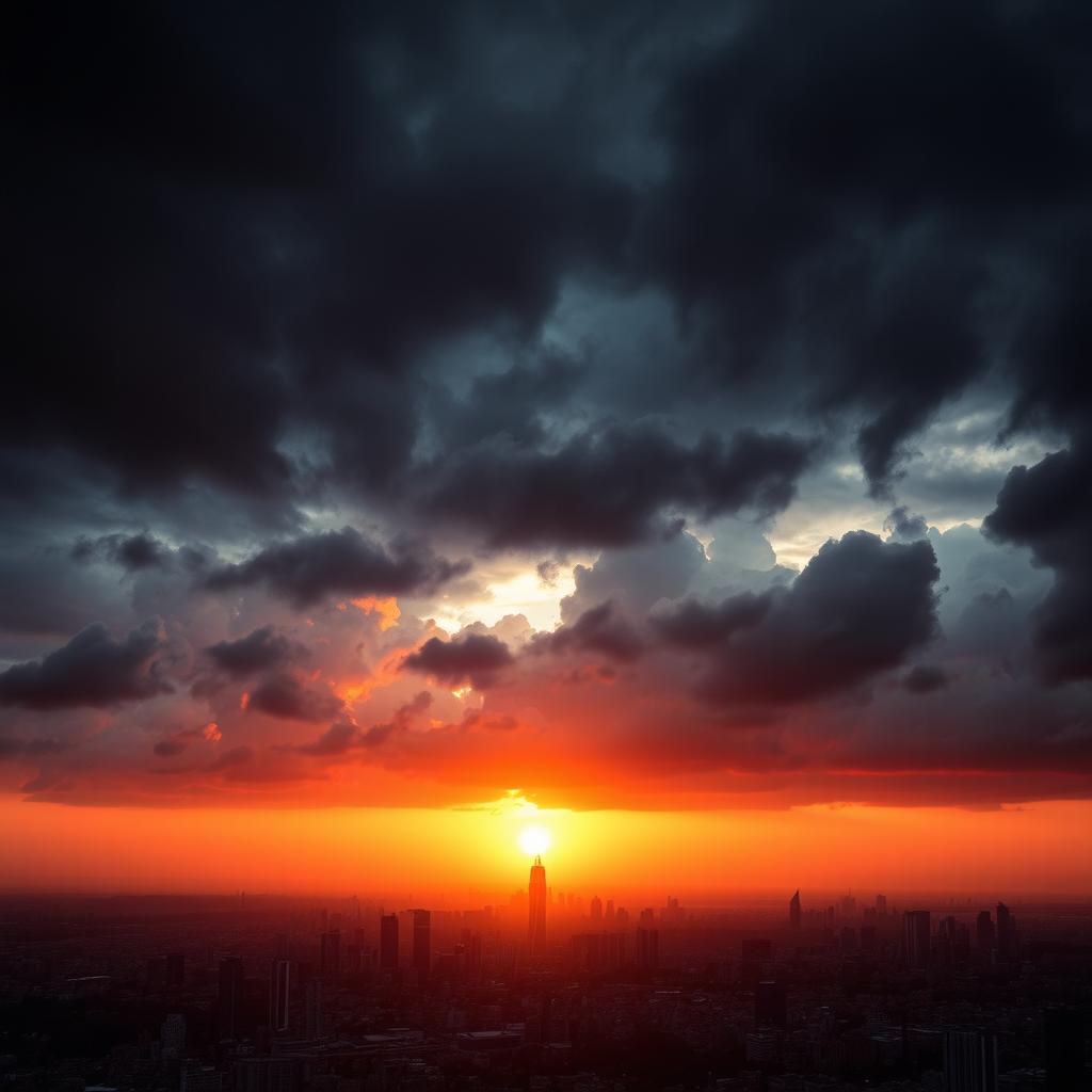 A dramatic scene depicting a stunning sunrise over a sprawling city skyline