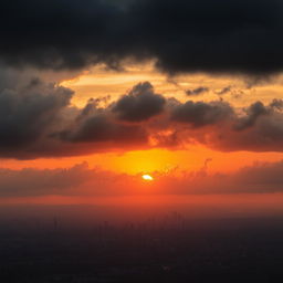 A dramatic scene depicting a stunning sunrise over a sprawling city skyline
