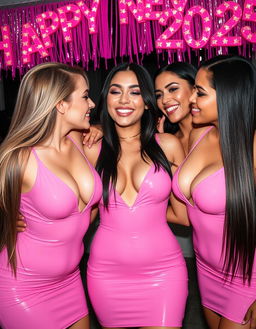 A close-up shot of a vibrant lesbian trio, featuring an American blonde step-mother with gigantic breasts, a Japanese brunette step-daughter with massive breasts, and a Latina brunette step-daughter who also has massive breasts