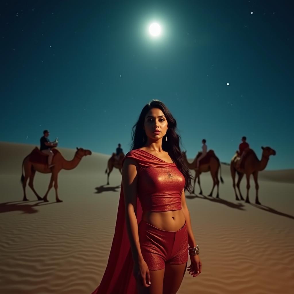 Cinematic photography of an Indian woman in the desert at nighttime, dressed in a vibrant superhero costume