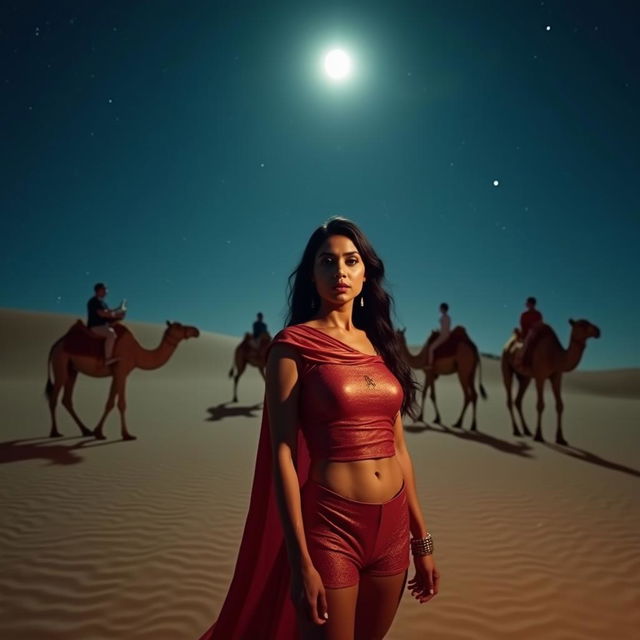 Cinematic photography of an Indian woman in the desert at nighttime, dressed in a vibrant superhero costume