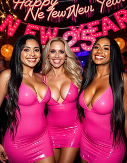 A close-up shot of a lively lesbian trio, featuring a Japanese brunette step-daughter with massive breasts, an American blonde step-mother with gigantic breasts, and a Latina brunette step-daughter also boasting massive breasts