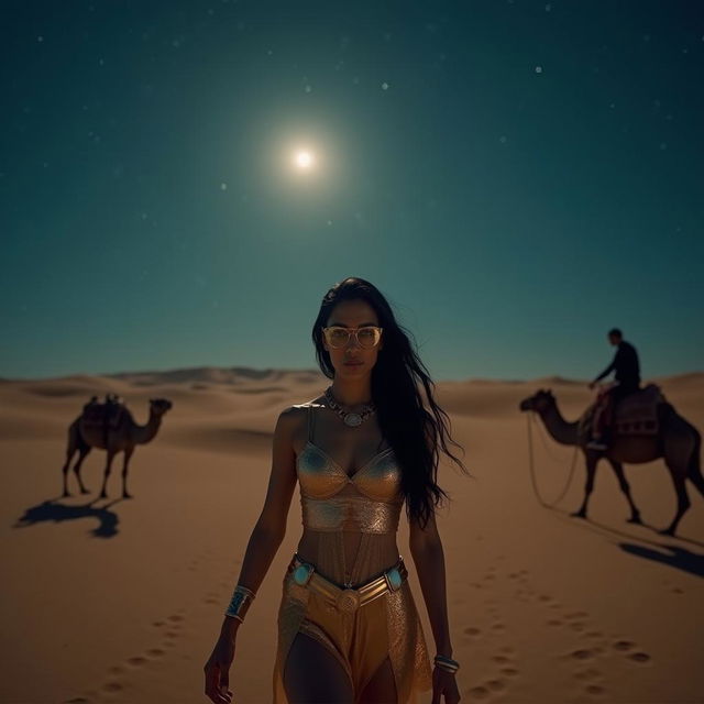Cinematic photography of an Indian woman in a desert at nighttime, dressed in a stylish superhero costume that highlights her confidence