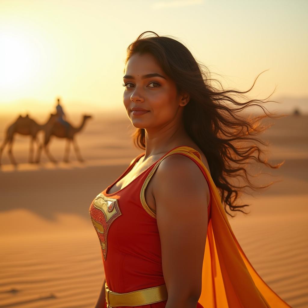 Cinematic photography of an Indian woman with a curvy figure standing confidently in a desert during the daytime, wearing a vibrant superhero costume that emphasizes her features