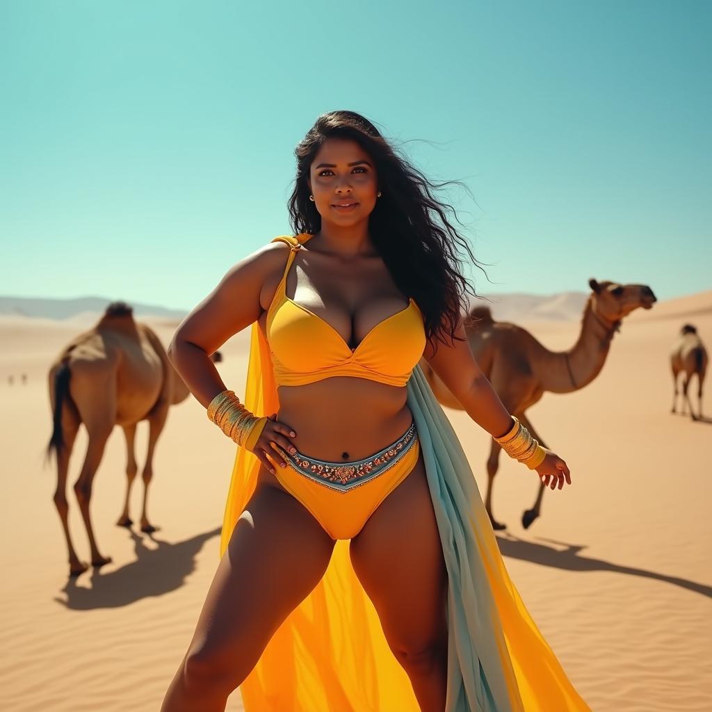 Cinematic photography of an Indian woman with a curvy figure in a desert during the daytime, wearing a vibrant superhero costume that emphasizes her confidence