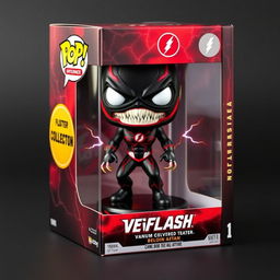 A detailed design of a Venomised Flash Funko Pop, featuring a black suit with striking red and white symbiote details