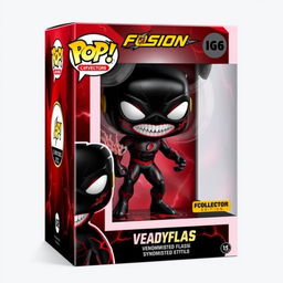 A detailed design of a Venomised Flash Funko Pop, featuring a black suit with striking red and white symbiote details