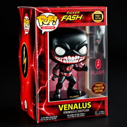 A detailed design of a Venomised Flash Funko Pop, featuring a black suit with striking red and white symbiote details