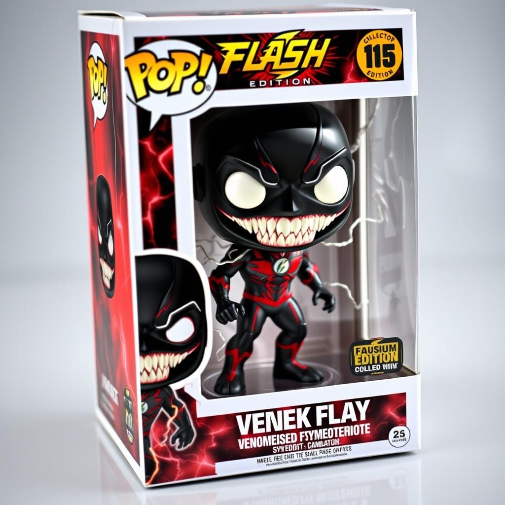 A detailed design of a Venomised Flash Funko Pop, featuring a black suit with striking red and white symbiote details