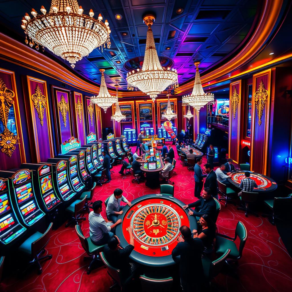A vibrant and dynamic casino background featuring a luxurious interior with glimmering chandeliers, colorful slot machines, and a lively poker table surrounded by enthusiastic players