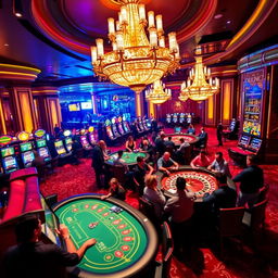 A vibrant and dynamic casino background featuring a luxurious interior with glimmering chandeliers, colorful slot machines, and a lively poker table surrounded by enthusiastic players