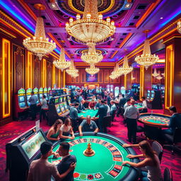 A vibrant and dynamic casino background featuring a luxurious interior with glimmering chandeliers, colorful slot machines, and a lively poker table surrounded by enthusiastic players