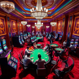 A vibrant and dynamic casino background featuring a luxurious interior with glimmering chandeliers, colorful slot machines, and a lively poker table surrounded by enthusiastic players