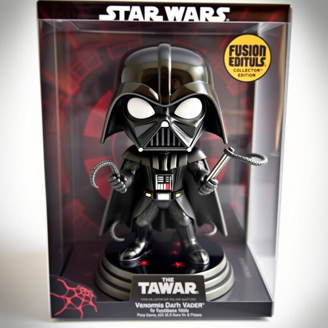A Funko Pop design featuring a Venomised Darth Vader, merging the dark, organic aesthetic of the symbiote with Vader's iconic armor