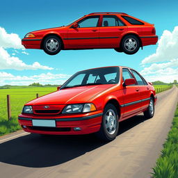 A high-detail illustration of a 1998 Ford Mondeo, showing off its classic features such as the angular body design, prominent front headlights, and distinctive rear light clusters