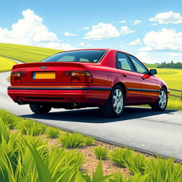 A high-detail illustration of a 1998 Ford Mondeo, showing off its classic features such as the angular body design, prominent front headlights, and distinctive rear light clusters