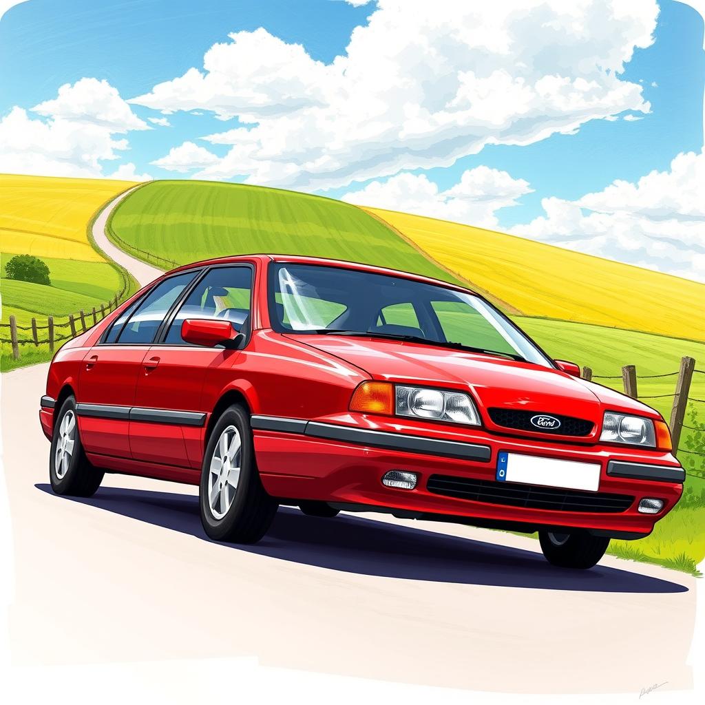 A high-detail illustration of a 1998 Ford Mondeo, showing off its classic features such as the angular body design, prominent front headlights, and distinctive rear light clusters