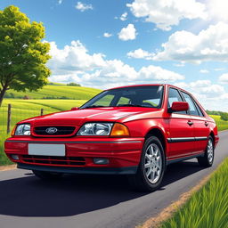 A high-detail illustration of a 1998 Ford Mondeo, showing off its classic features such as the angular body design, prominent front headlights, and distinctive rear light clusters