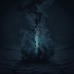 A mystical shadow fantasy sword, emanating an aura of dark energy, is prominently displayed in a desolate wasteland