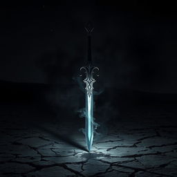 A mystical shadow fantasy sword, emanating an aura of dark energy, is prominently displayed in a desolate wasteland