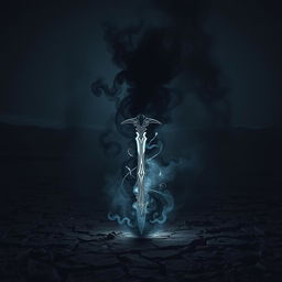 A mystical shadow fantasy sword, emanating an aura of dark energy, is prominently displayed in a desolate wasteland