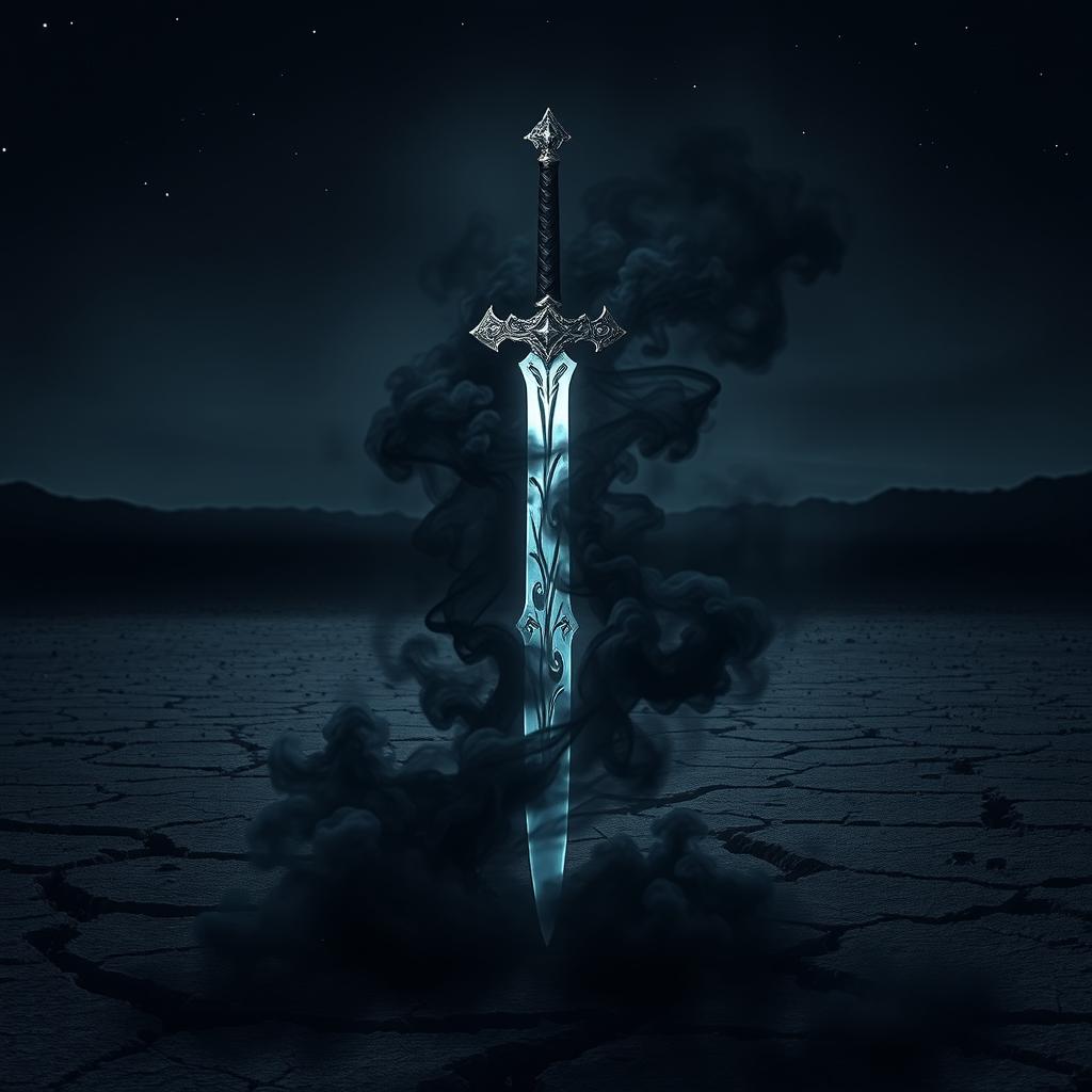 A mystical shadow fantasy sword, emanating an aura of dark energy, is prominently displayed in a desolate wasteland