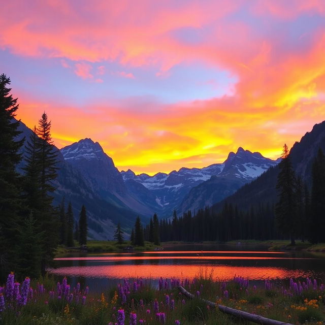 A tranquil mountain landscape during a vibrant sunset, showcasing majestic peaks in the background with a warm orange and purple sky, a serene lake at the foreground reflecting the colors of the sky, surrounded by lush pine trees and wildflowers in bloom