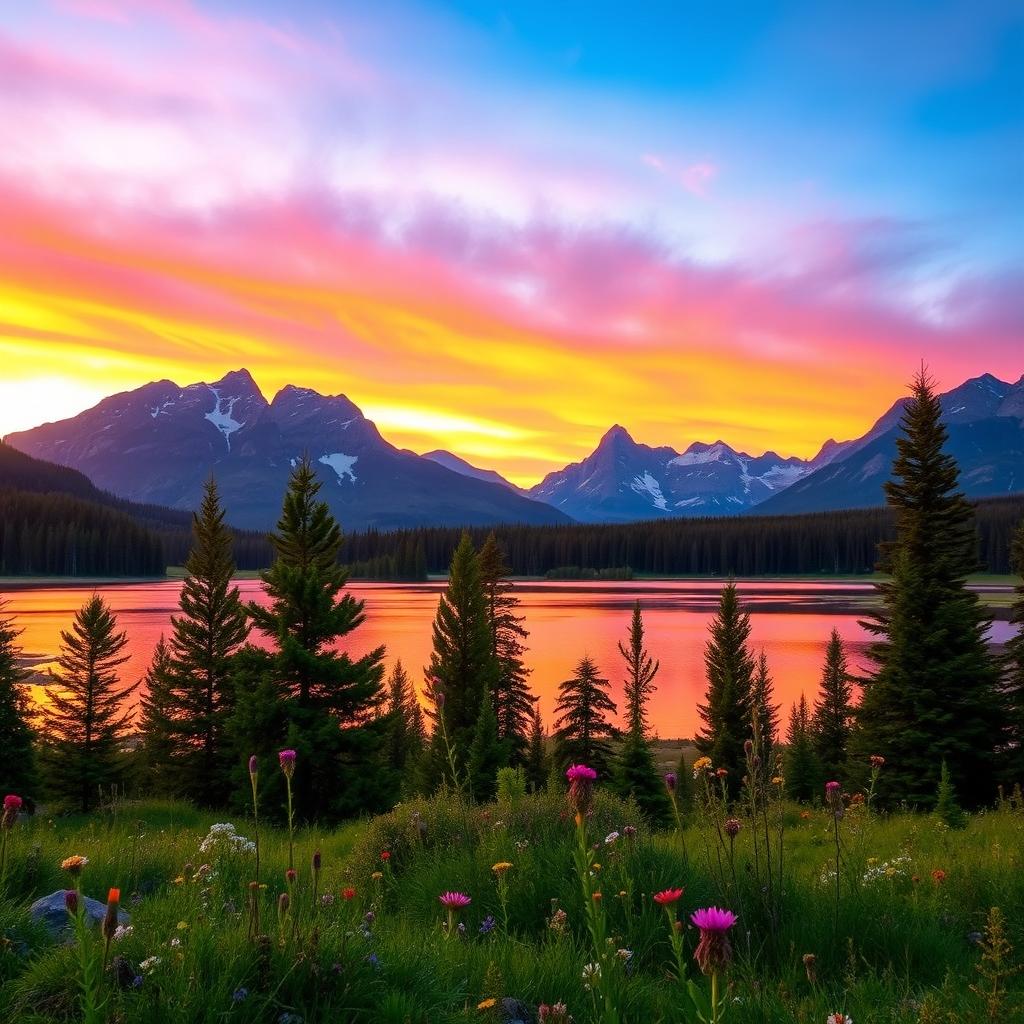 A tranquil mountain landscape during a vibrant sunset, showcasing majestic peaks in the background with a warm orange and purple sky, a serene lake at the foreground reflecting the colors of the sky, surrounded by lush pine trees and wildflowers in bloom