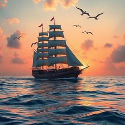 A majestic large ship sailing across a serene ocean, with the sun setting in the background casting warm hues of orange and pink on the water surface