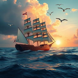 A majestic large ship sailing across a serene ocean, with the sun setting in the background casting warm hues of orange and pink on the water surface