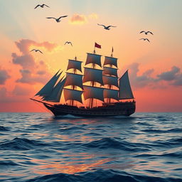 A majestic large ship sailing across a serene ocean, with the sun setting in the background casting warm hues of orange and pink on the water surface