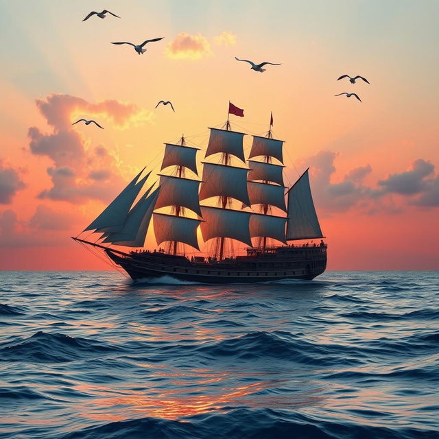 A majestic large ship sailing across a serene ocean, with the sun setting in the background casting warm hues of orange and pink on the water surface