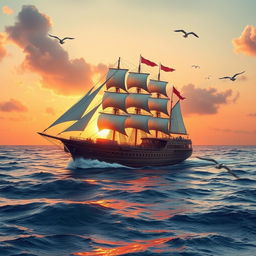 A majestic large ship sailing across a serene ocean, with the sun setting in the background casting warm hues of orange and pink on the water surface