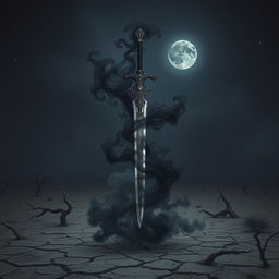 A fantastical shadow sword with intricate designs, surrounded by swirling black smoke, standing vertically in a desolate wasteland under a dark night sky filled with distant stars