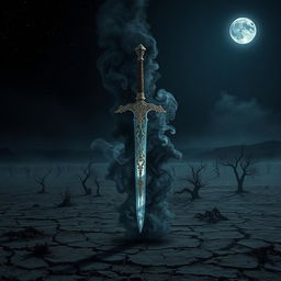 A fantastical shadow sword with intricate designs, surrounded by swirling black smoke, standing vertically in a desolate wasteland under a dark night sky filled with distant stars