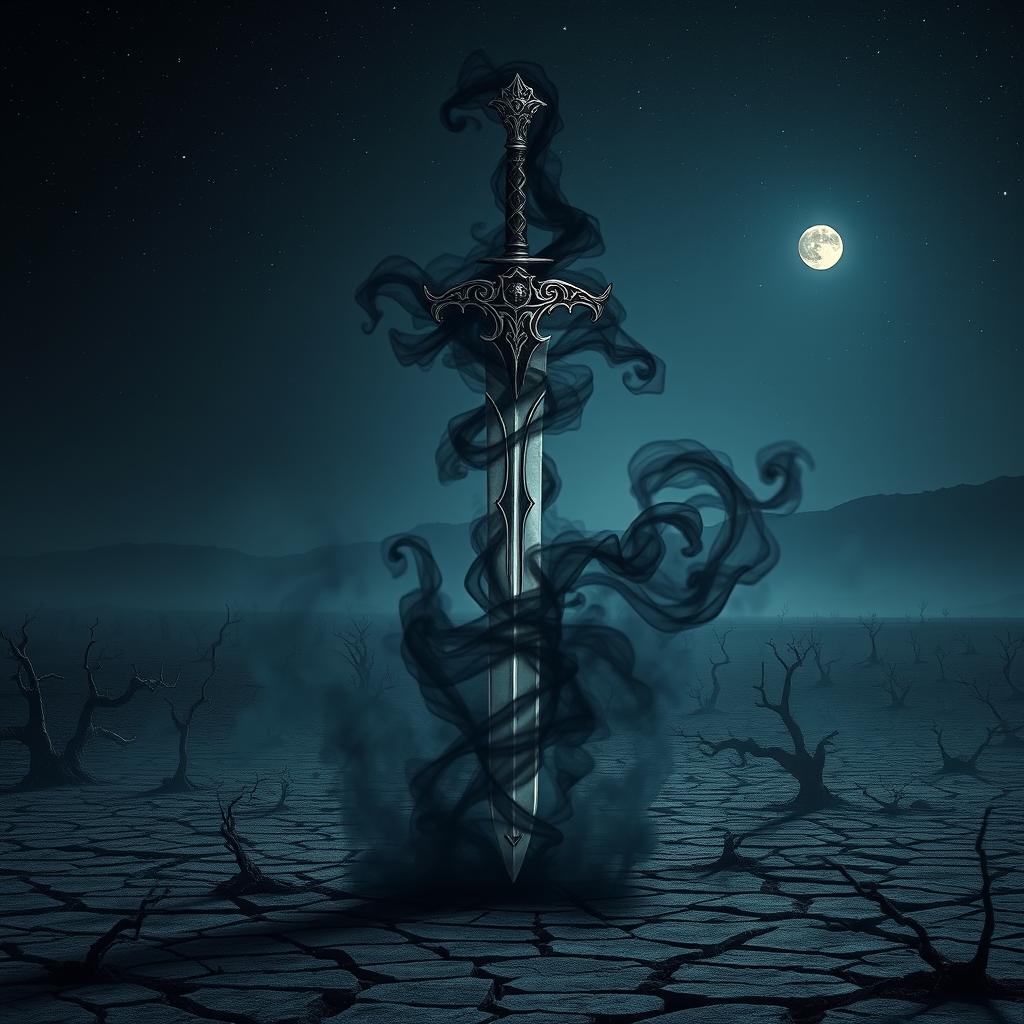 A fantastical shadow sword with intricate designs, surrounded by swirling black smoke, standing vertically in a desolate wasteland under a dark night sky filled with distant stars