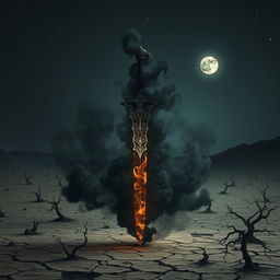 A fantastical shadow sword with intricate designs, surrounded by swirling black smoke, standing vertically in a desolate wasteland under a dark night sky filled with distant stars