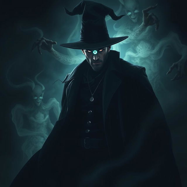 A terrifying and supernatural scene showcasing a powerful male figure wearing a long black coat and a black hat, embodying the essence of a dark wizard or supernatural entity