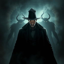 A terrifying and supernatural scene showcasing a powerful male figure wearing a long black coat and a black hat, embodying the essence of a dark wizard or supernatural entity