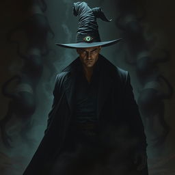 A terrifying and supernatural scene showcasing a powerful male figure wearing a long black coat and a black hat, embodying the essence of a dark wizard or supernatural entity