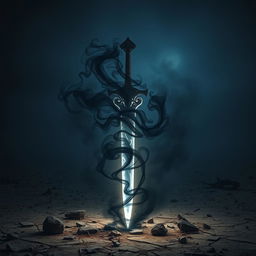 A fantasy sword of shadowy design, enveloped in swirling black smoke, standing upright in a desolate wasteland