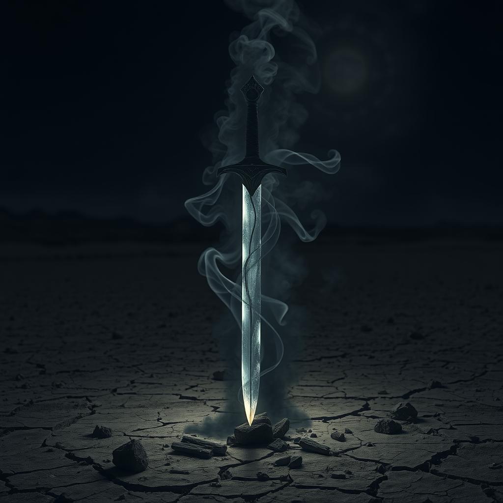 A fantasy sword of shadowy design, enveloped in swirling black smoke, standing upright in a desolate wasteland