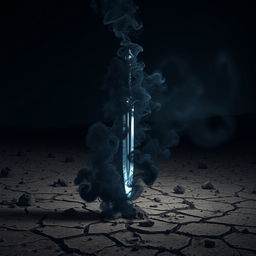 A fantasy sword of shadowy design, enveloped in swirling black smoke, standing upright in a desolate wasteland