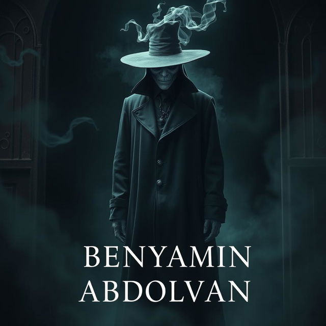 A supernatural being with a mystical third eye, dressed in a long black coat and a black hat, standing ominously from behind a dark setting