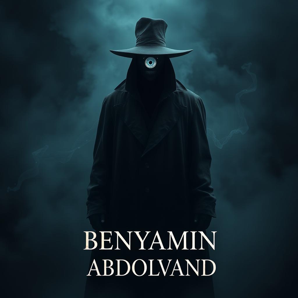 A supernatural being with a mystical third eye, dressed in a long black coat and a black hat, standing ominously from behind a dark setting