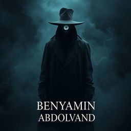 A supernatural being with a mystical third eye, dressed in a long black coat and a black hat, standing ominously from behind a dark setting