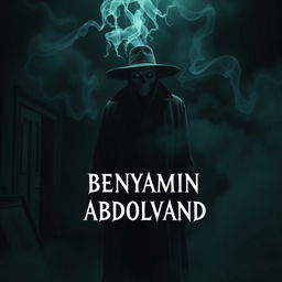 A supernatural being with a mystical third eye, dressed in a long black coat and a black hat, standing ominously from behind a dark setting