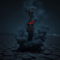 A shadowy demonic fantasy sword with intricate designs and a menacing aura, surrounded by swirling black smoke