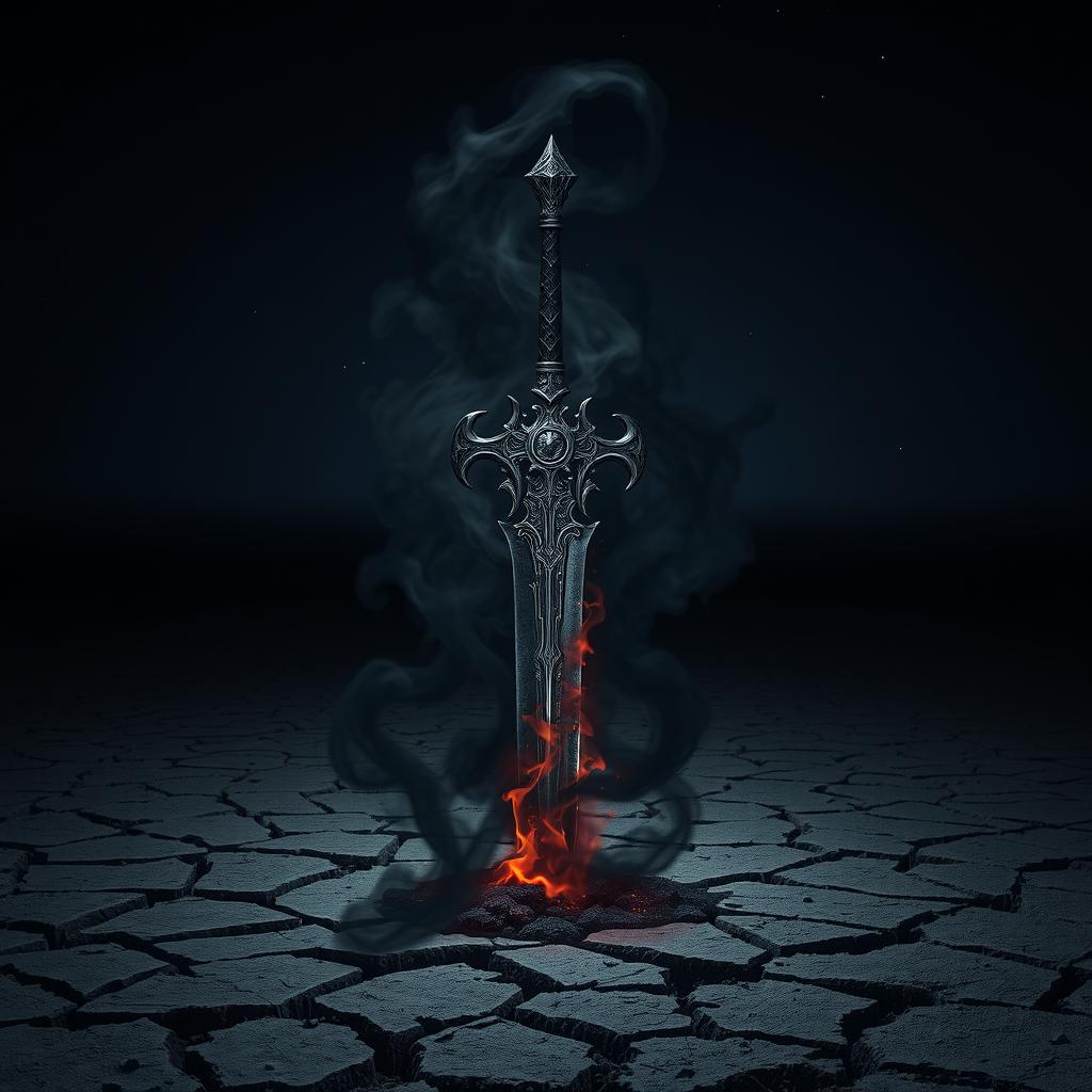 A shadowy demonic fantasy sword with intricate designs and a menacing aura, surrounded by swirling black smoke