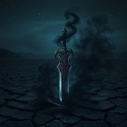 A shadowy demonic fantasy sword with intricate designs and a menacing aura, surrounded by swirling black smoke